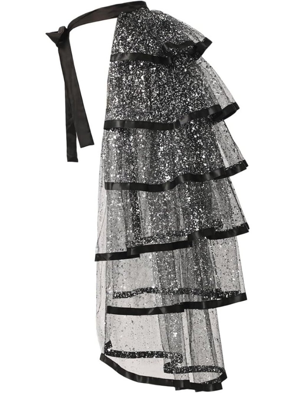 Women's Black With Silver Foil 6 Layer Tie Belt Sequin Tulle Tutu Bustle Skirts